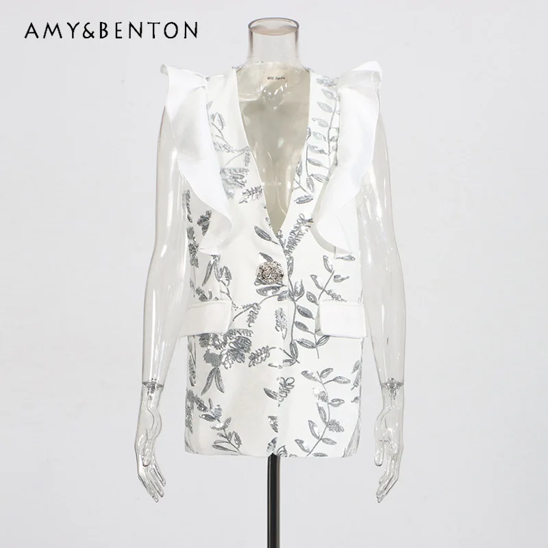

European American Heavy Industry Design Women's Vest 2026 New Fashion Ruffle Edge Splicing Embroidered High-end Vests Ladies