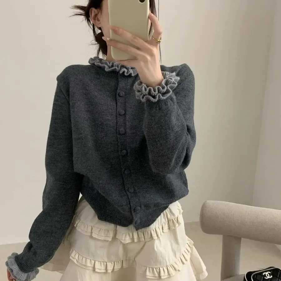 

Autumn and Winter Trendy Lace-trimmed Knit Cardigan with Long Sleeves, New 2025 Autumn Design Sweater Jacket Top