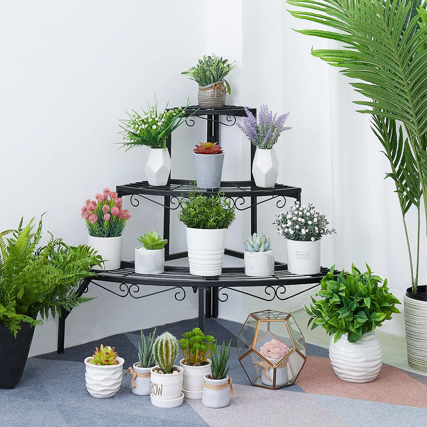 3-Tier Corner Ladder Plant Shelf for Indoor Outdoor Garden Flower Display Rack Metal Plant Stand Organizer