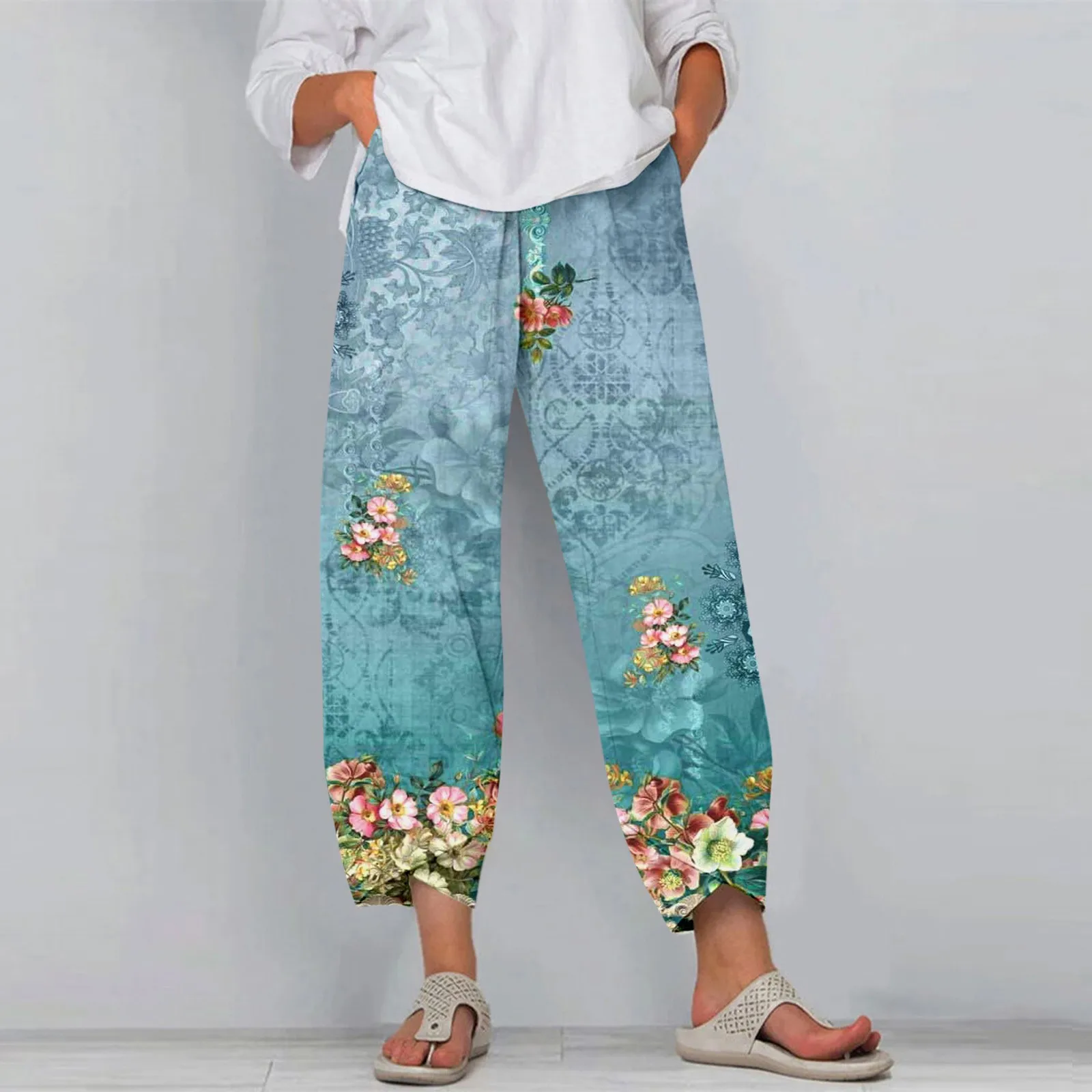 

Casual Wide Leg Pants Women Loose Comfort Elastic Waist Harem Pants Vintage Printed Summer Cropped Pants Trousers