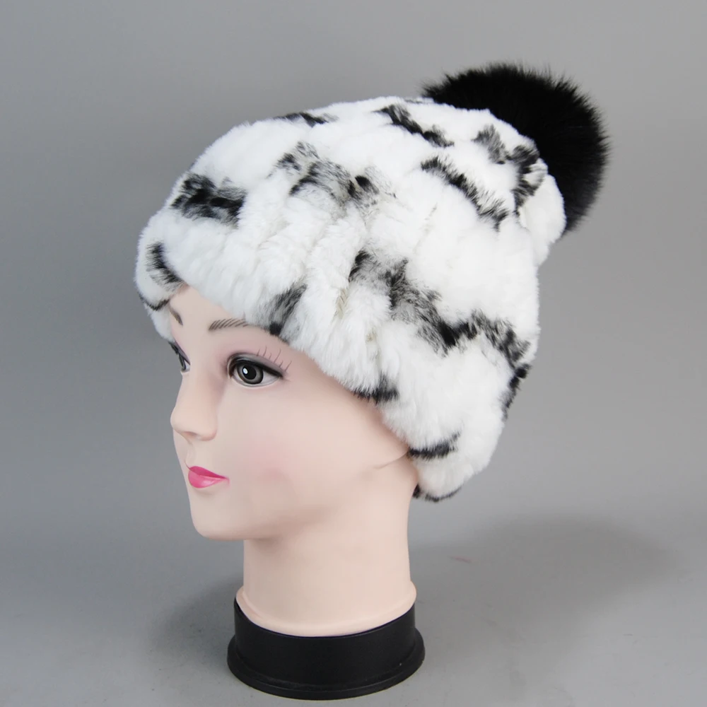 Winter Natural Real Rex Rabbit Fur Hat Women Elastic Warm Handmade Knitted Real Rex Rabbit Fur Caps Fox Fur Pompoms Beanies Cap