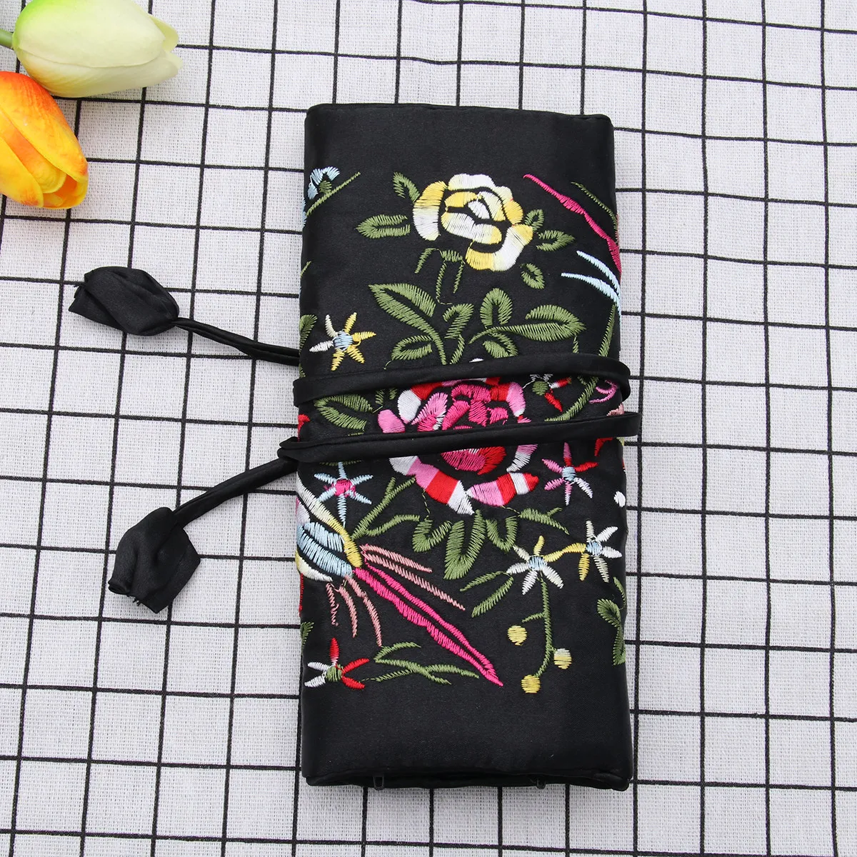 Black Handmade Embroidered Jewelry Roll Organizer Chinese Flower Brocade Large Pocket 3 Small Zipper Pouches Travel