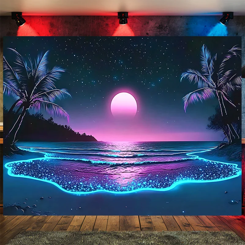 Glowing Ocean Beach Under Pink Moon and Stars Wall Mural 2D HD Print Fantasy Landscape Art Zen Aesthetic Nature Theme