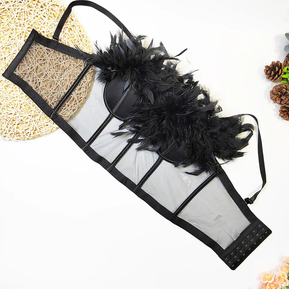 A852 Dropship ropa de moda para niñas ropa de plumas dulce memoria uso especial mujeres sexis malla sin tirantes corsé corto exterior