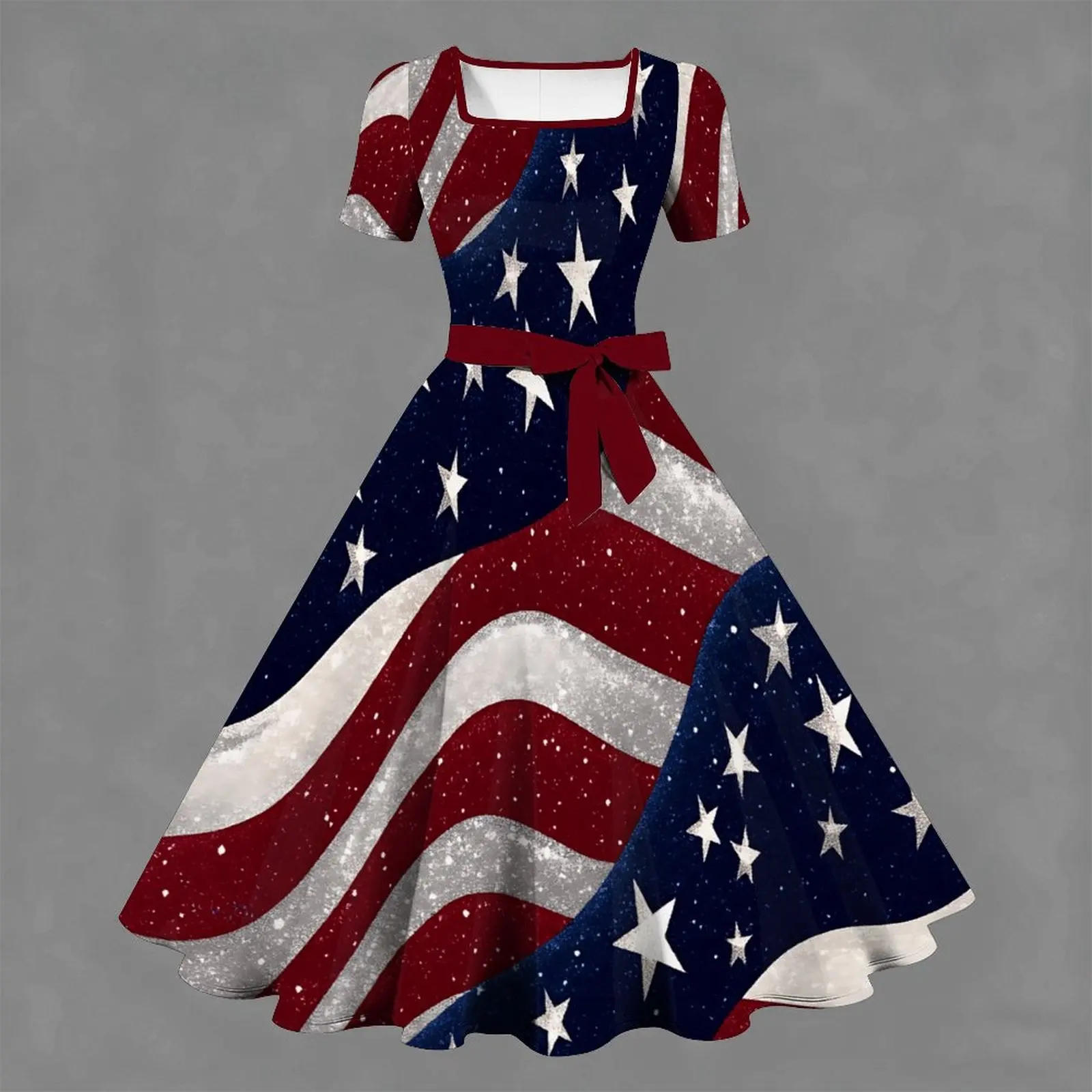 Spring Summer Women's Square Collar Printed Slim Short-sleeved Dress Commuting Beach Vacation Elegant Knee Length Party Skirt