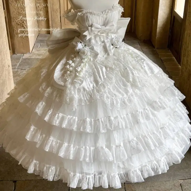 Vintage White Lolita Wedding Dress Strapless Big Bow 3D Rose Pearl Multi-Layer Lace Gown Princess Bridal Photo Shoot Costume