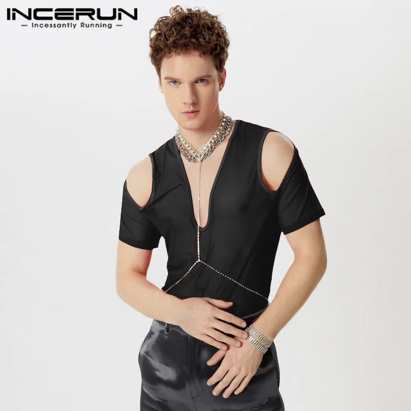 Sexy Stylish Style Tops INCERUN Mens Mesh Elastic Shoulder T-shirts Party Clubwear Male Thin V-neck Short Sleeved Camiseta S-5XL