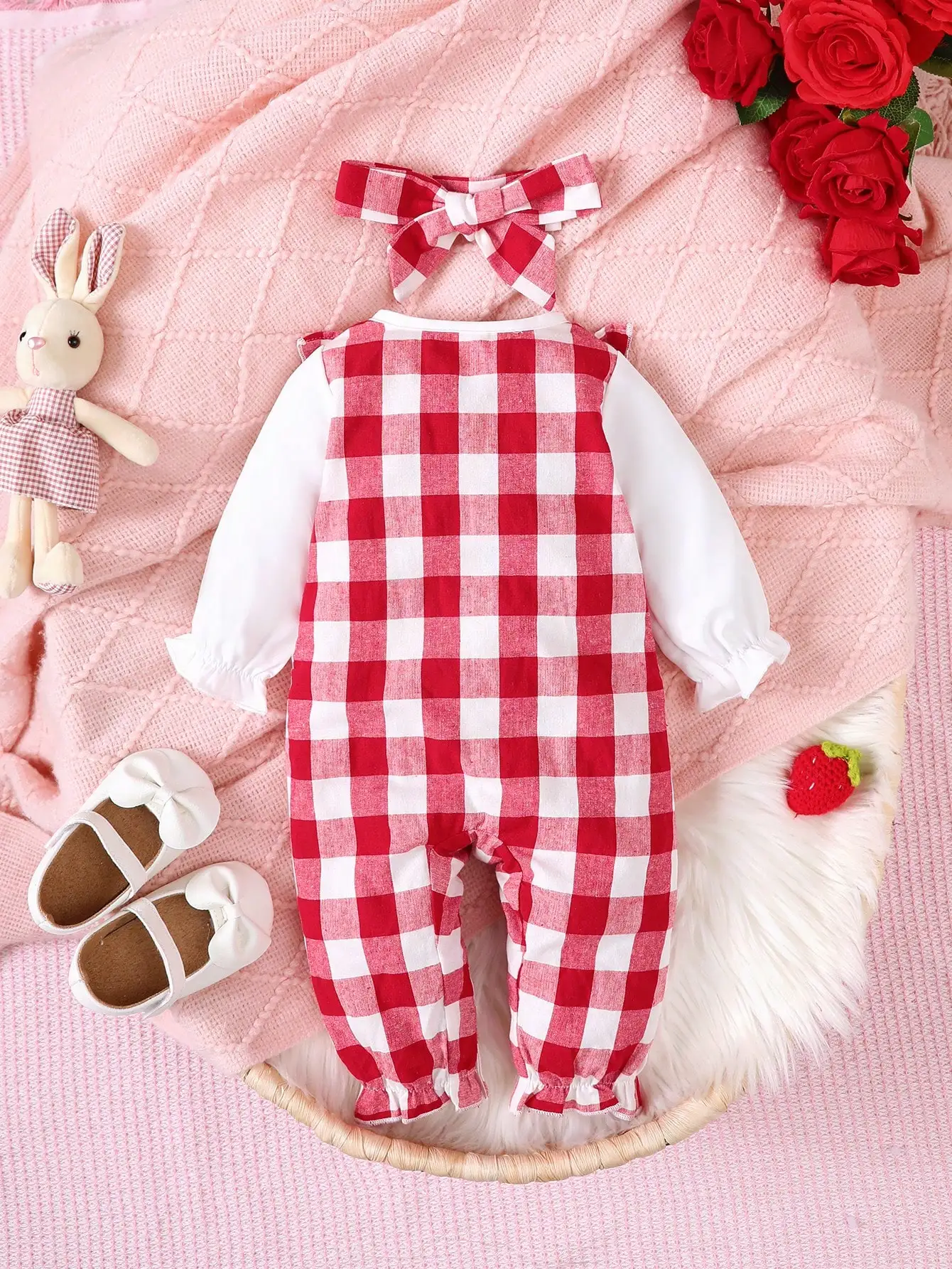 Baby Girl's Spring and Autumn Cute Red and White Plaid Long-Sleeved Jumpsuit + Headband 2-Piece Set, Suitable for Newborns, Sweet Pastoral Style Baby Romper Set.