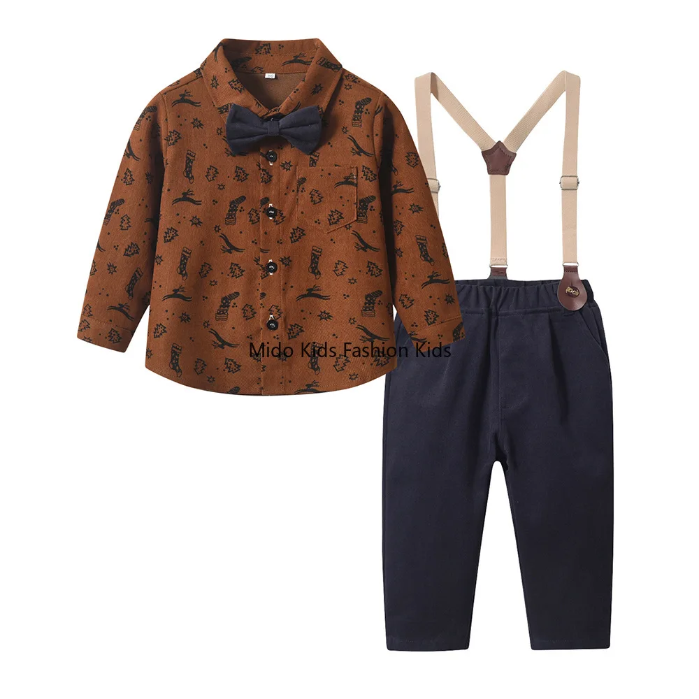 Autumn Shirt Christmas Print Long-Sleeved BowTie Medium-Large Children's Gentleman's Formal Suit Custom-Made Children's Clothing