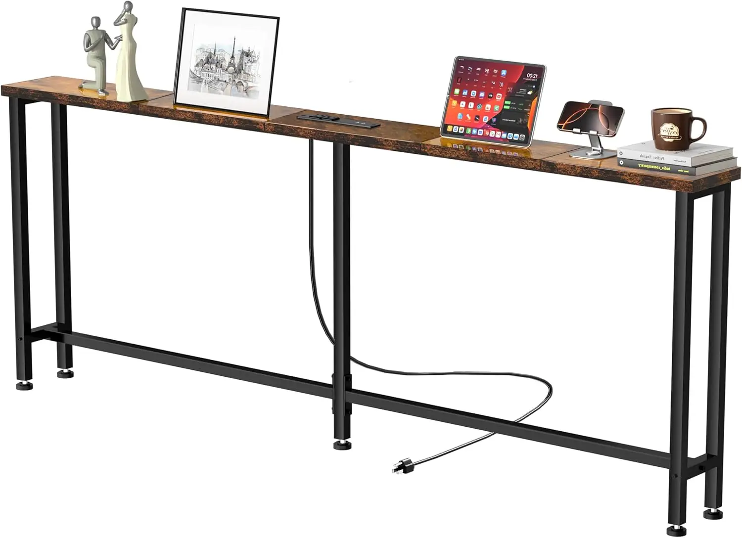 

78-inch Sofa Table with Built-in Power Strip, 2 AC Outlets & 2 USB Ports, Easy Assembly, Rustic Brown for Living Room