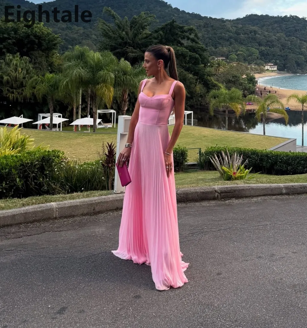 에이타일 2025 핑크 A라인 쉬폰 맥시 이브닝 드레스 스파게티 스트랩 사우디 아라비아 프롬 드레스 두바이 파티 가운 맞춤 제작