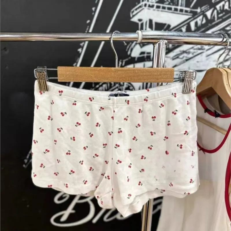 Evelet Red Cherry Print Sweet Shorts Trouser Cotton Elastic Waist Tight Chic Women Shorts Casual Summer Homewear Pant 2024 New