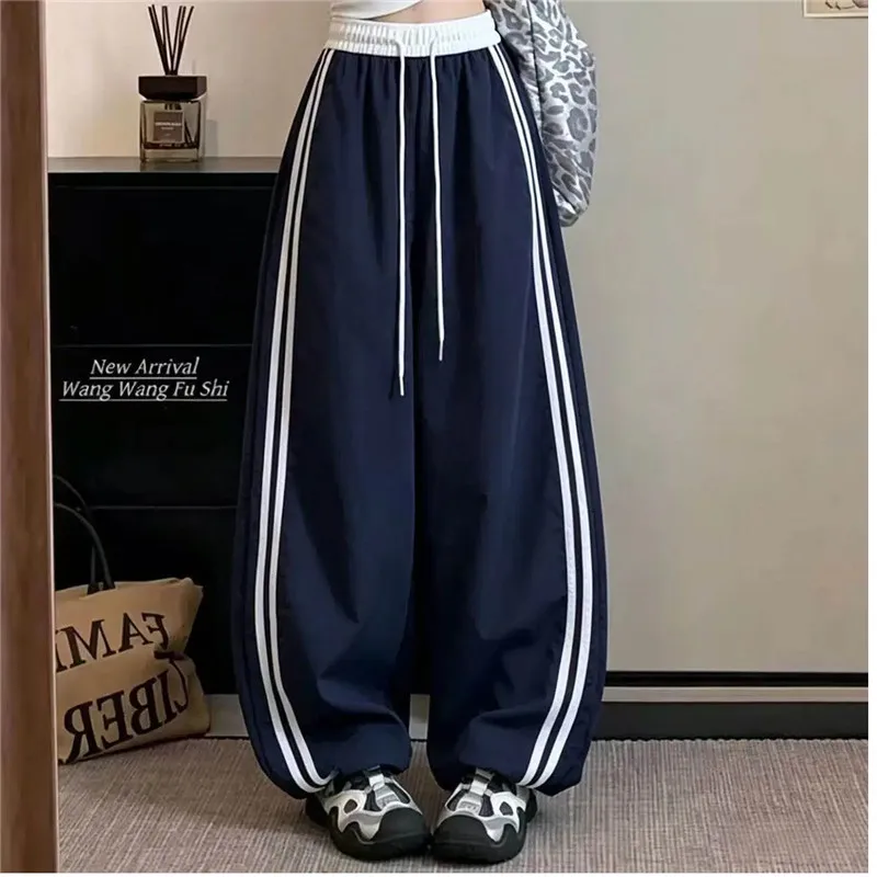 Loose Joggers Pants Women Stripes Drawstring Pants Streetwear Hip Hop Y2k Baggy Wide Leg Sweatpants Casual Fashion Thin Trousers