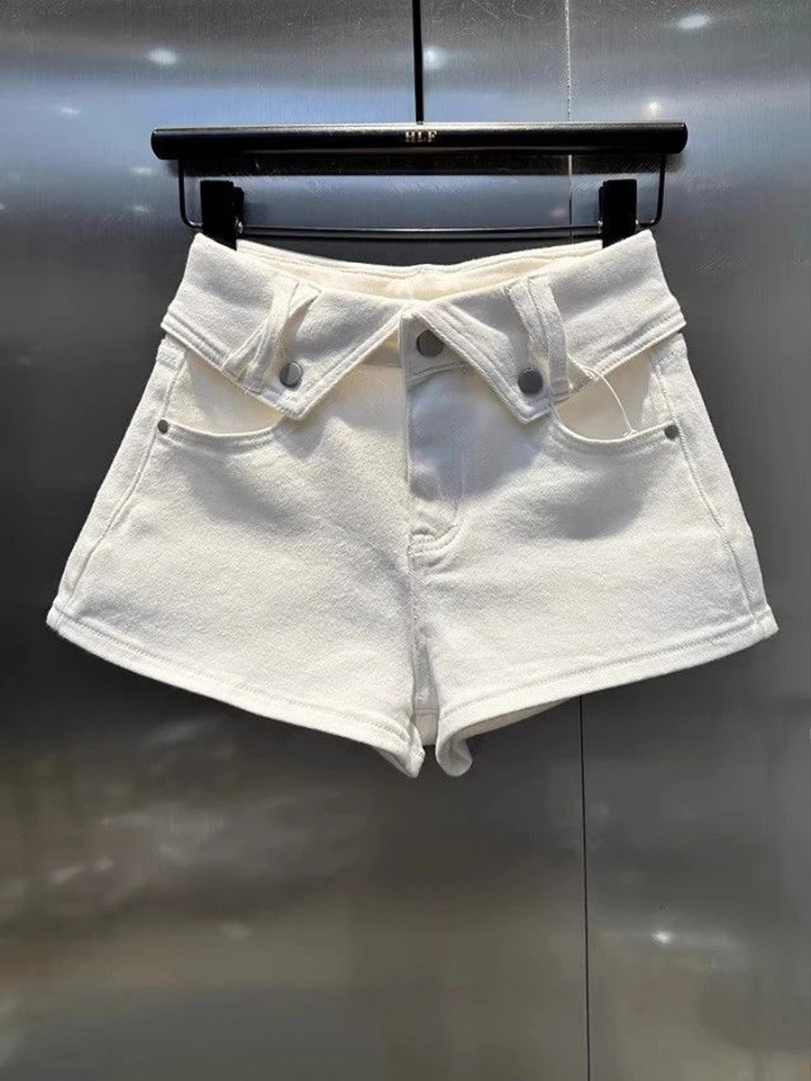 

Джинсовые брюки трапециевидной формы с высокой талией, белый дизайн, эластичные летние шорты с откидным воротником, корейские повседневные широкие джинсы