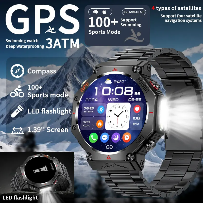 

LIGE GPS Smart Watch Men Flashlight Compass 3ATM Waterproof Bluetooth Call Outdoor Sports Positioning Smartwatch For Android IOS