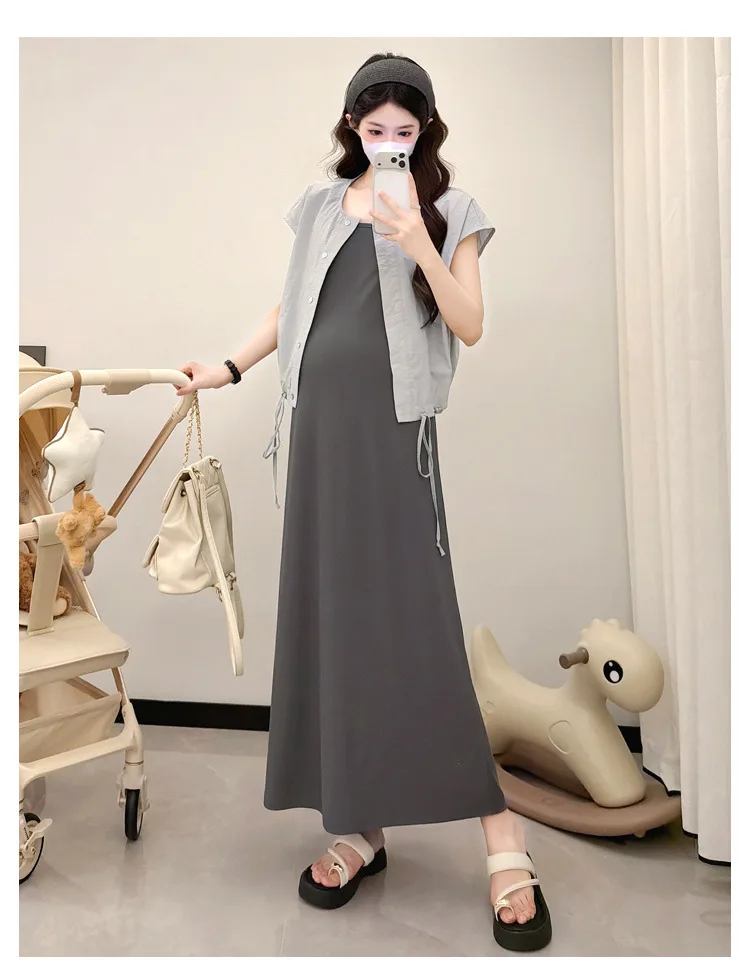 Maternity Clothes Summer 2026 Minimalist Gray Short Sleeved Coat and Spaghetti Strap Dress for Pregnant Women Homewear