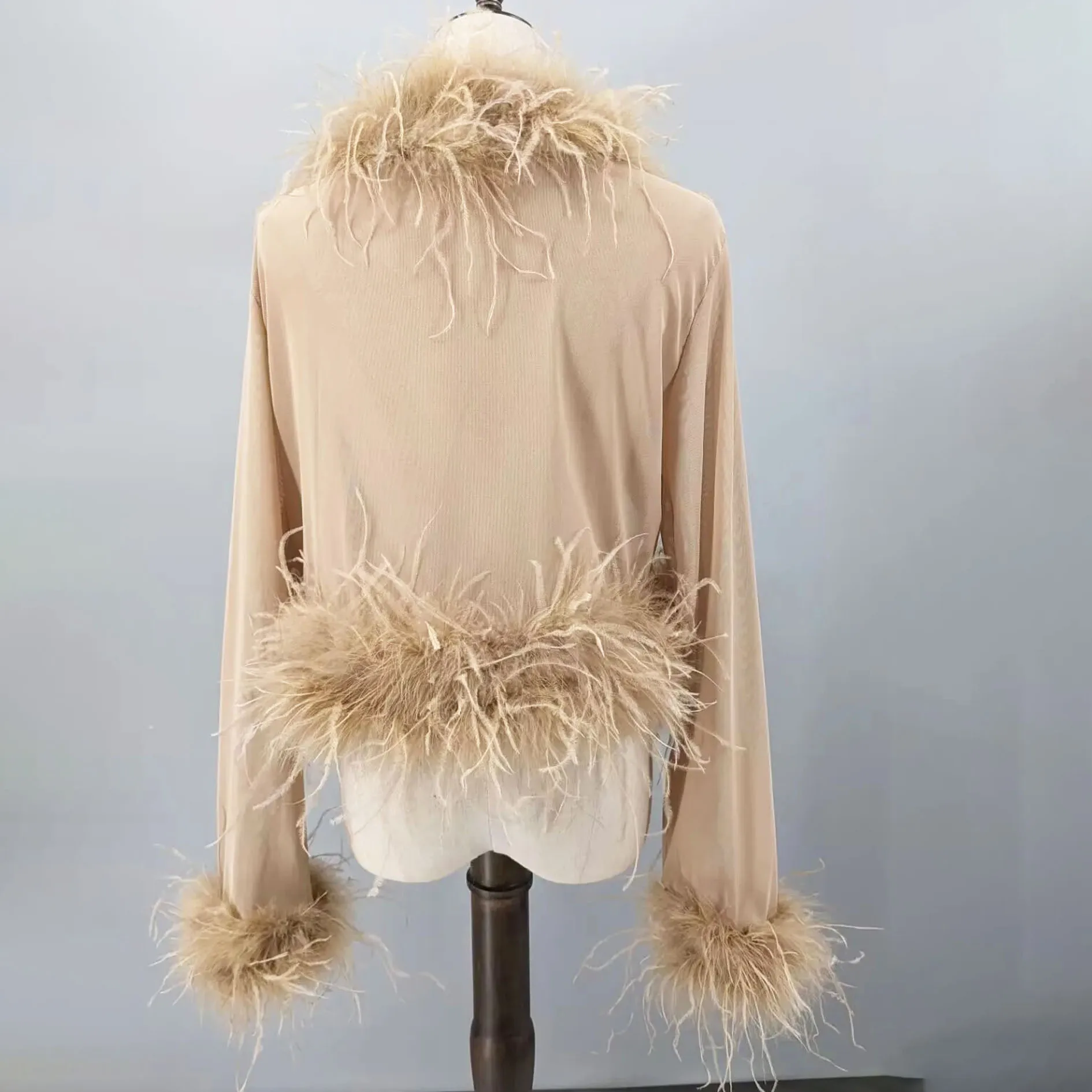Women See-Through Top with Real Ostrich Feather Brown Black Cropped Jacket Top Bolero 240711
