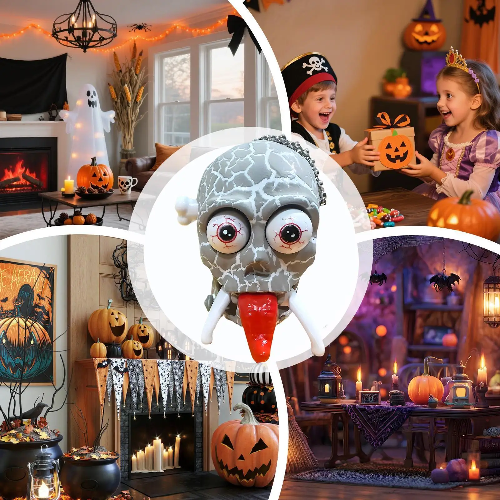 Skull Figurines Halloween Wind Up Funny Tongue Out Skull Figurines Small Scary Head Desk Ornaments For Home Office Bedroom