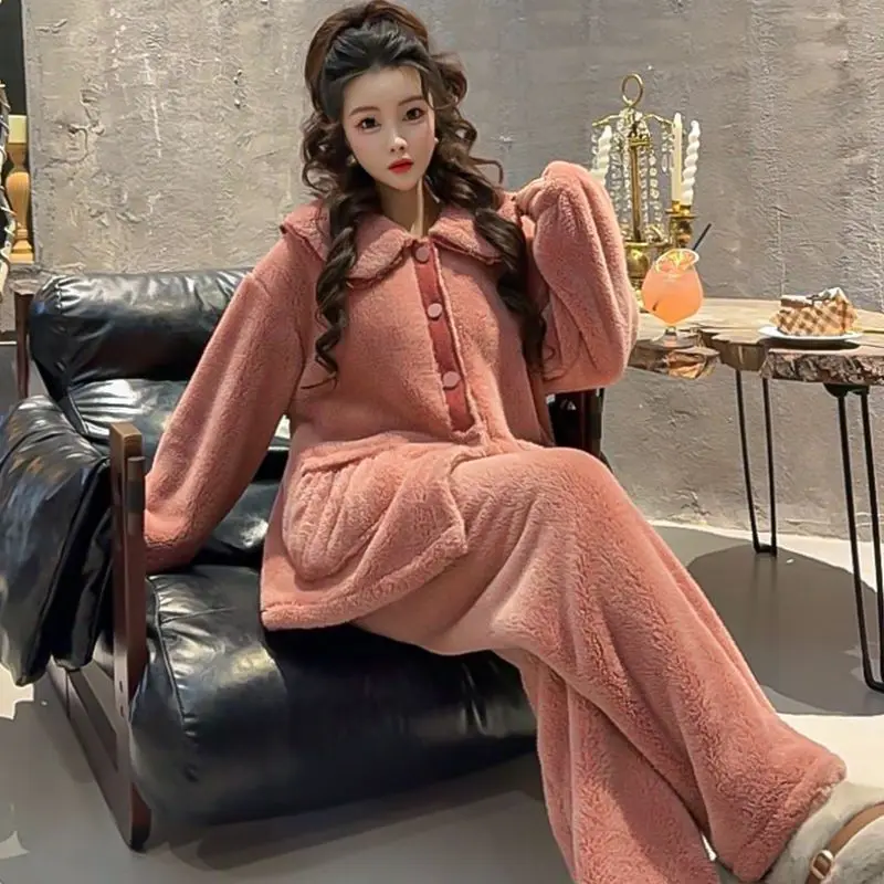 High Gram Weight Can Be Worn Outside Large Size Loose Warm Suit Winter New Pajamas Women's Thickened Coral Fleece Loungewear