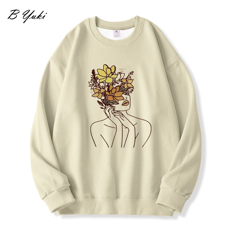 Blessyuki Mode Esthetisch Patroon Bedrukt Hoodie Vrouwen Herfst Winter O-hals Eenvoudig Basis Sweatshirt Dames Vrijetijdskleding Y 2K