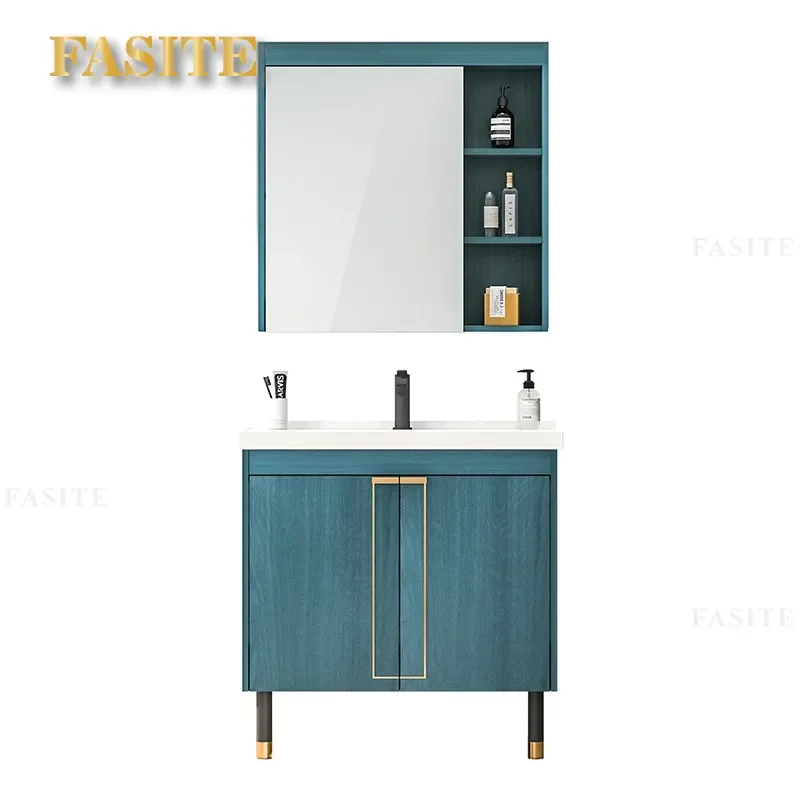 Bathroom Cabinet Combination Light Luxury Sea Blue Modern Vanity Unit with Sink Storage Waterproof Wall