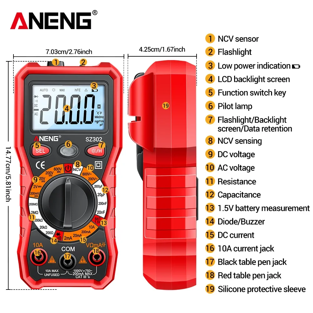 Picture 6: ANENG SZ302 Digital Multimeter 4000 Counts AC DC Voltage Current Resistance Capacitance NCV Tester Portable Electrical Tool