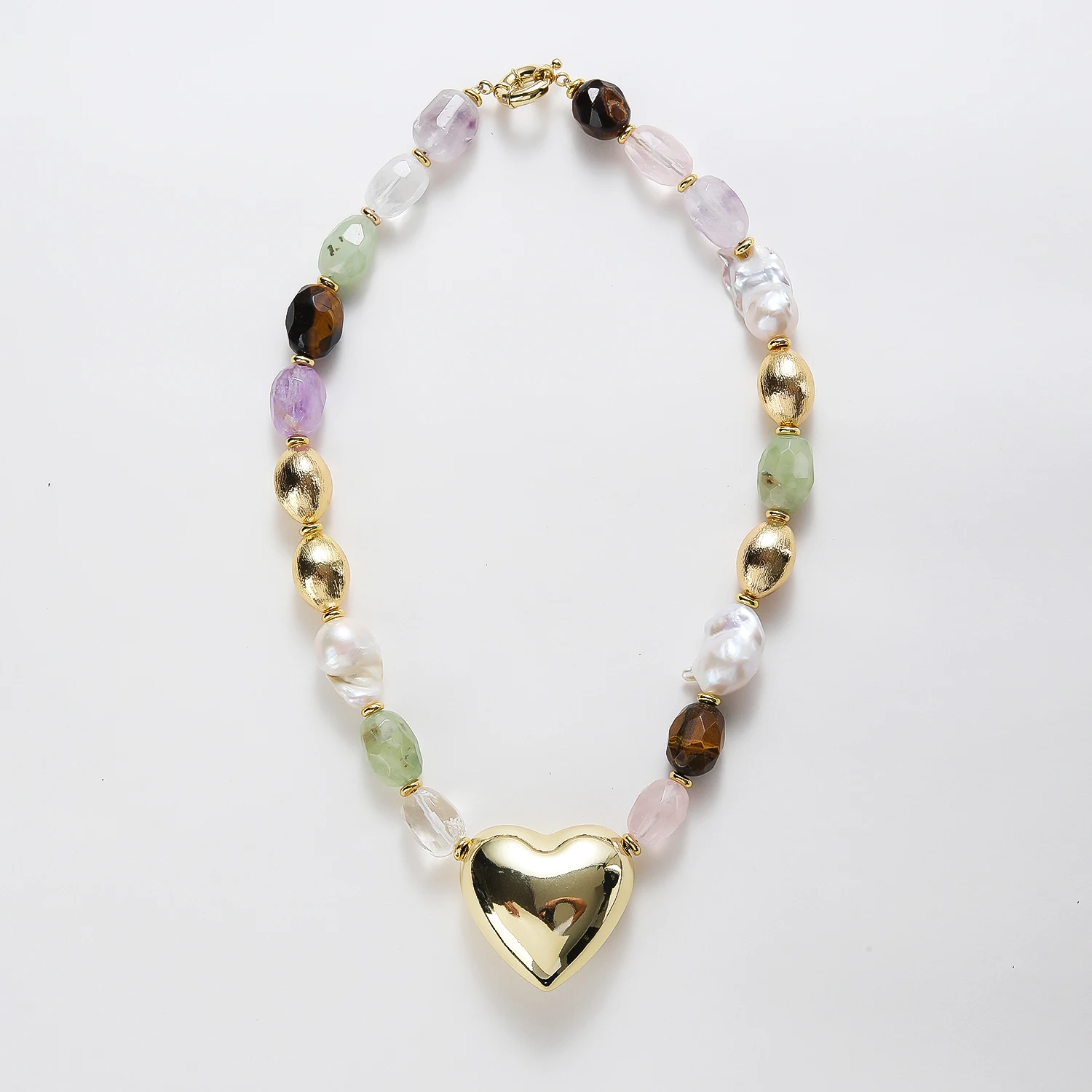 Faceted Natural Random Stone Chokers Heart Pendant Necklace with 14*23mm Irregular Baroque Pearls Jewelry Accessory for Women