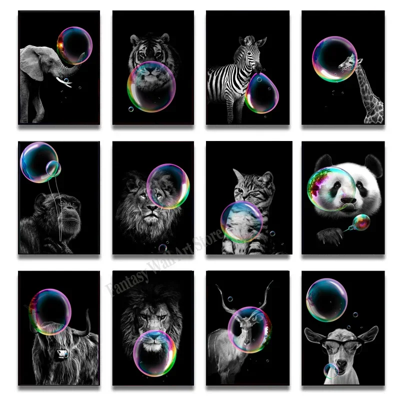 Blowing Bubble Cartoon Animals Poster Lovely Panda Tiger Lion Canvas Painting Wall Art Print Nordic Kids Room Picture Hoom Decor