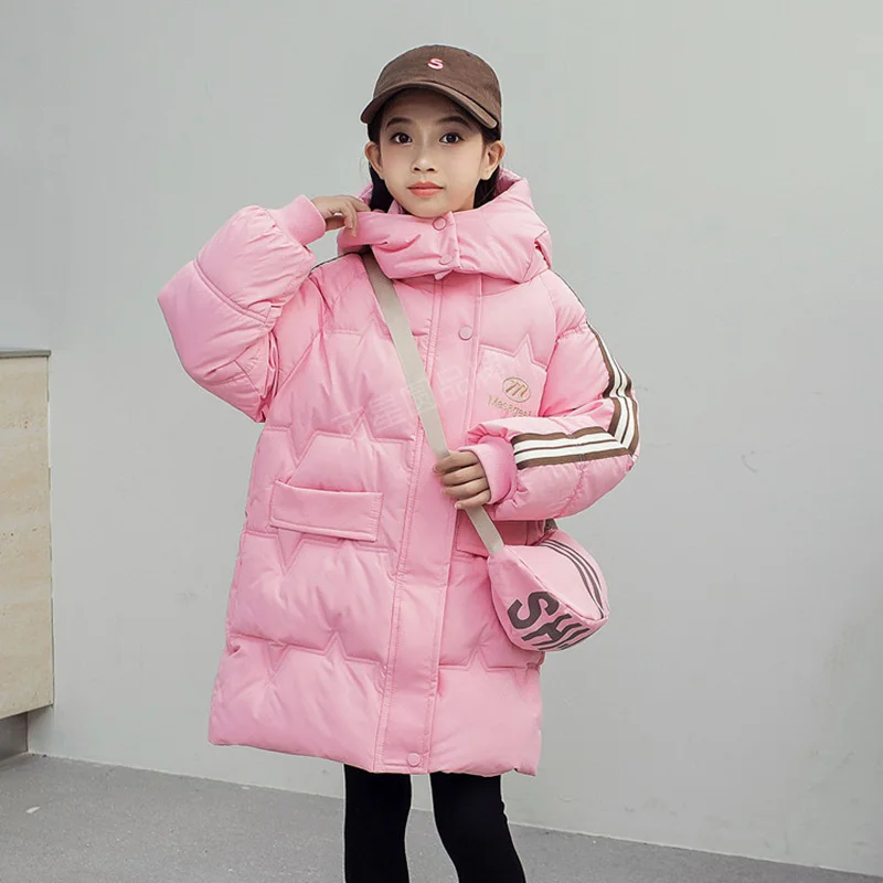 Fashion Girls down Jacket 2024 Winter Kids Warm Thicken Parka Hooded Cotton Coat with Bag 6-12 Years Children Clothing Outerwear