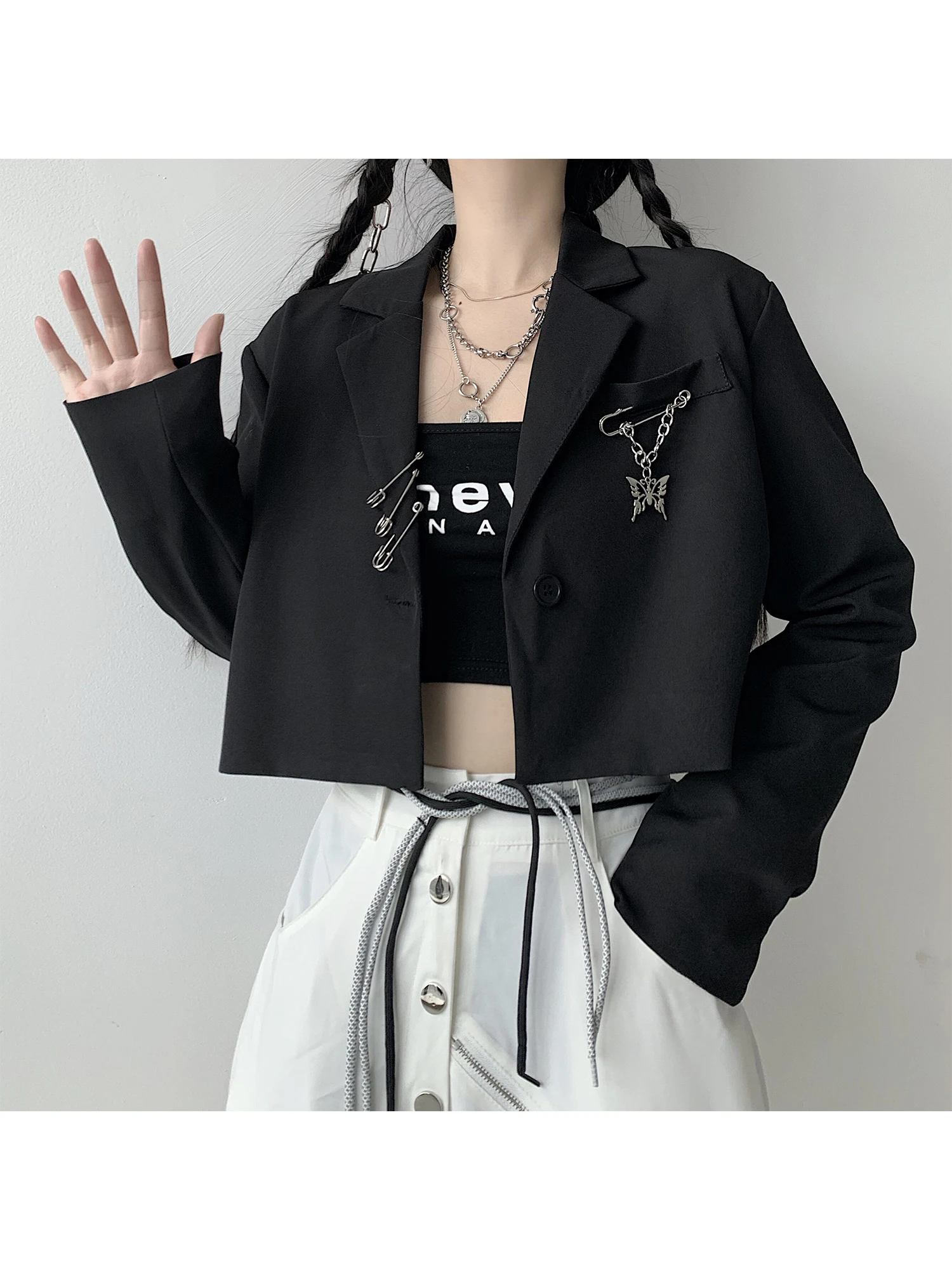 Women's Black Gothic Dark style Emo Blazer Jacket Y2k Gyaru Vintage Long Sleeve Cropped Suit Coat Outerwear Spring Autumn 2026