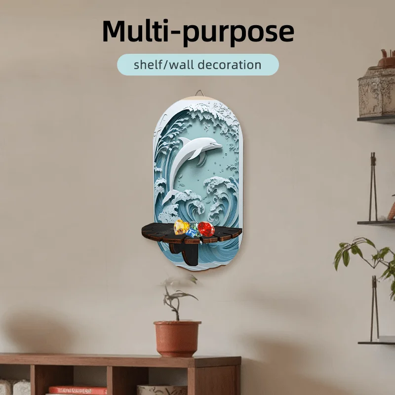 Bohemian -Themed Wall-Mounted Shelf with Key Holder & Hanging Hooks - Artificial Wood Frame Suitable for,, Key Display,, Keys,