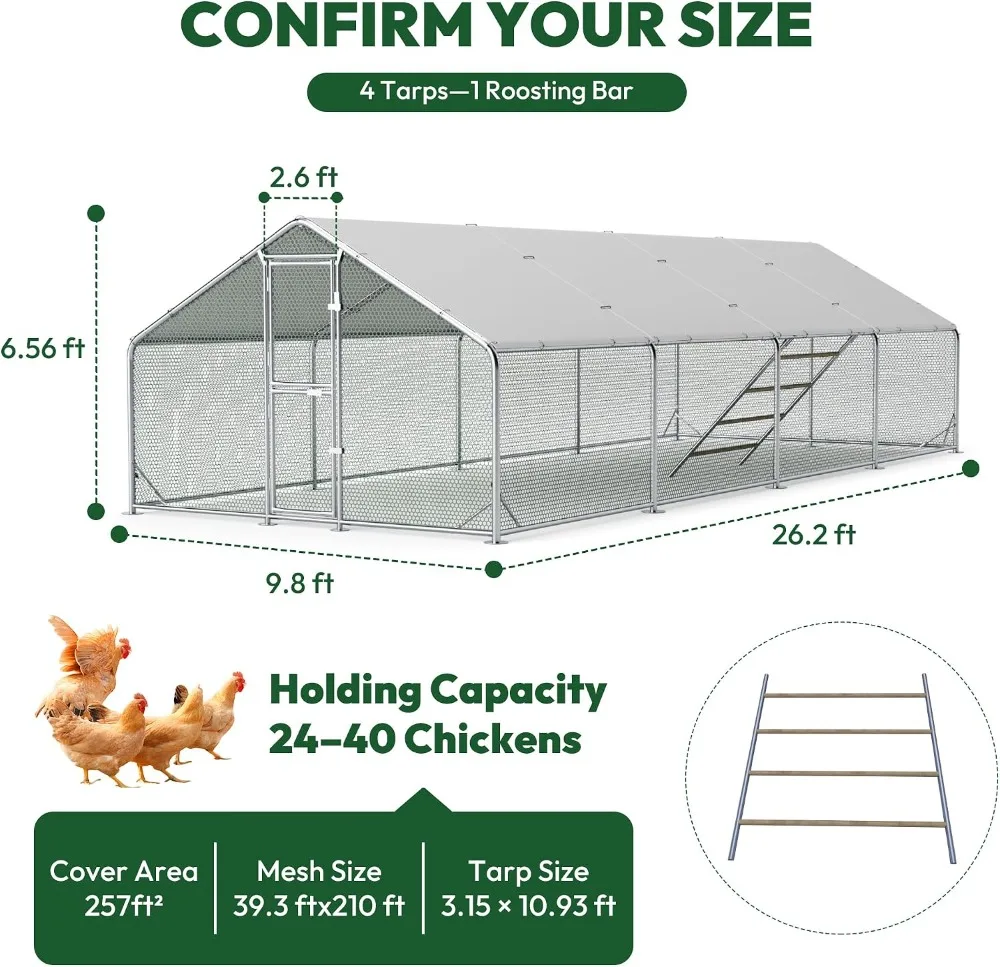 Extra Large Metal Chicken Coop 26x10x6.6FT Walk-in Run with Feeding Door & UV Cover