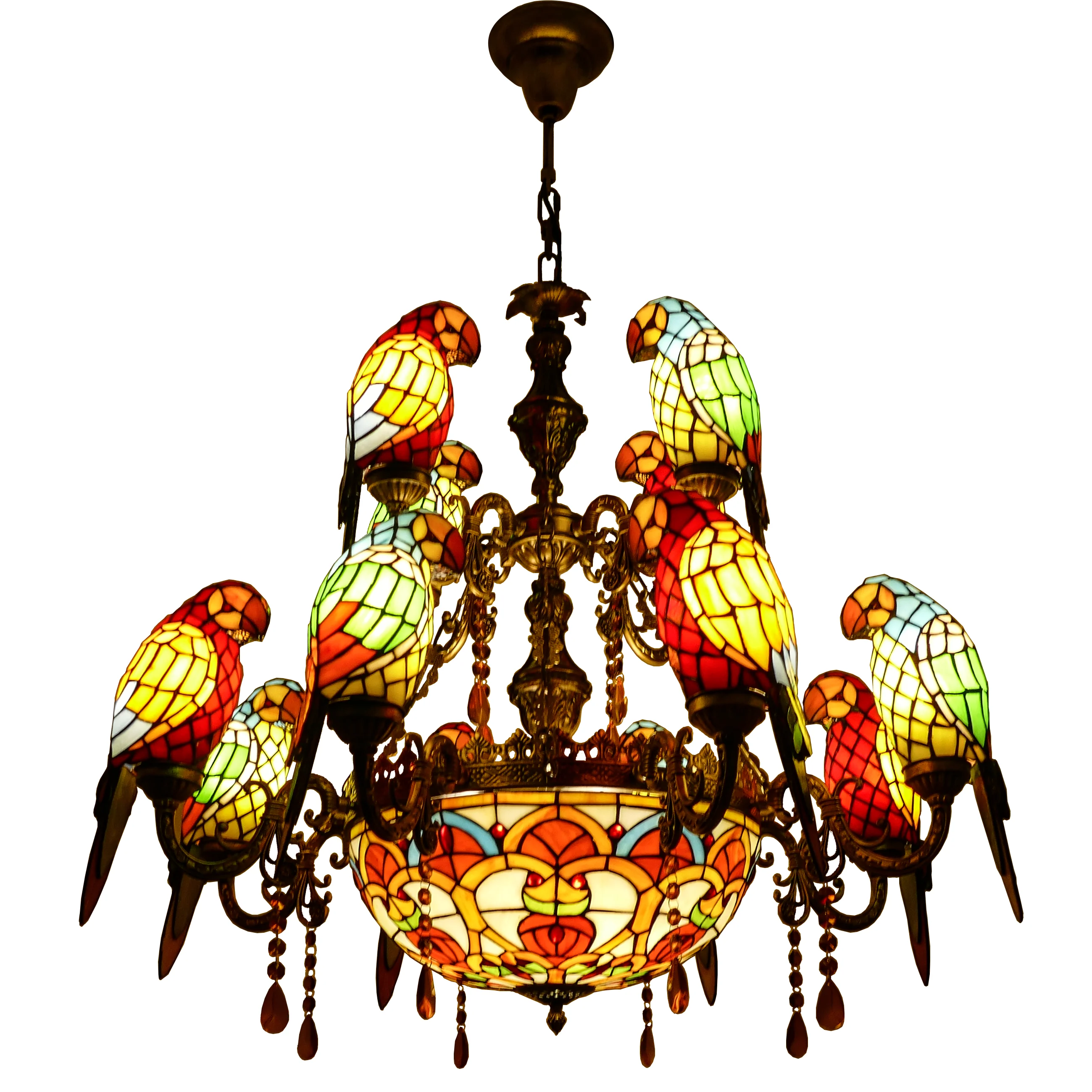 

#@Modern Retro Ceiling Lamp Stained Glass Bible Chandelier with Pastoral Parrot Bird Glaze for Living Room AC Power Source