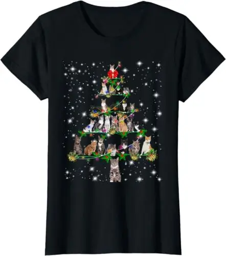 Funny Cats Christmas Tree Tee Ornament Decor Gift T-Shirt