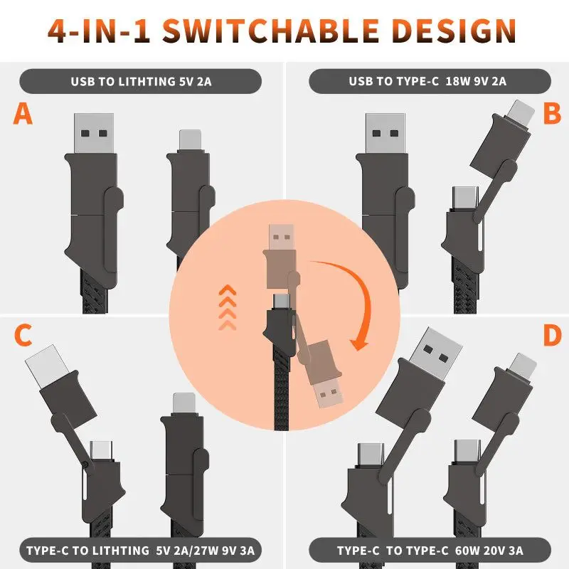 4 in 1 Multi Fast Charging Cable Keychain PD for Apple iPhone Lightning 27W Andriod TYPE-C 60W QC 18W Fast Charging Data Cable