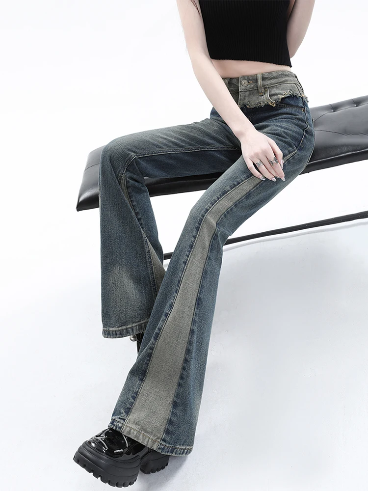 Imagem -04 - Reddachic-blue Patchwork Flare Jeans para Mulheres Streetwear Coreano Elegante Feminino Jeans Azul Vintage Moda Grunge Y2k