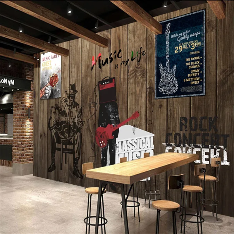 

European and American Retro Guitar Wood Board Background Wall Paper Music Restaurant Bar Industrial Decor Mural Wallpaper 3D