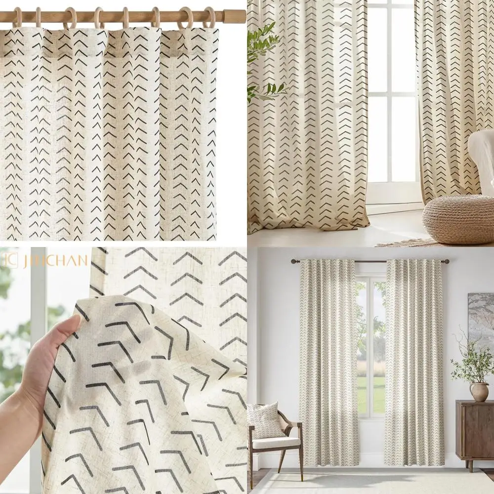

Linen Herringbone Boho Curtains, 84 Semi-Sheer for Living Room, Farmhouse Style, 2-Panel Set with Rod Pockets