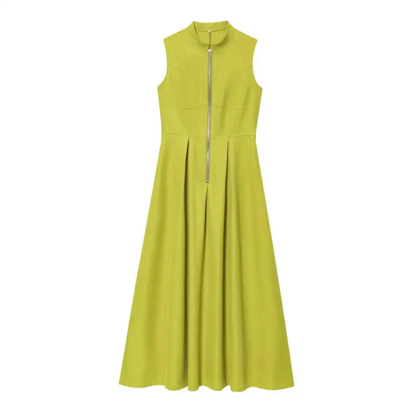 Nine Zar Women's Pure Color Casual Versatile Zipper Decorated Sleeveless Long Dress Elegant A-Line Silhouette Ladies' Fashion