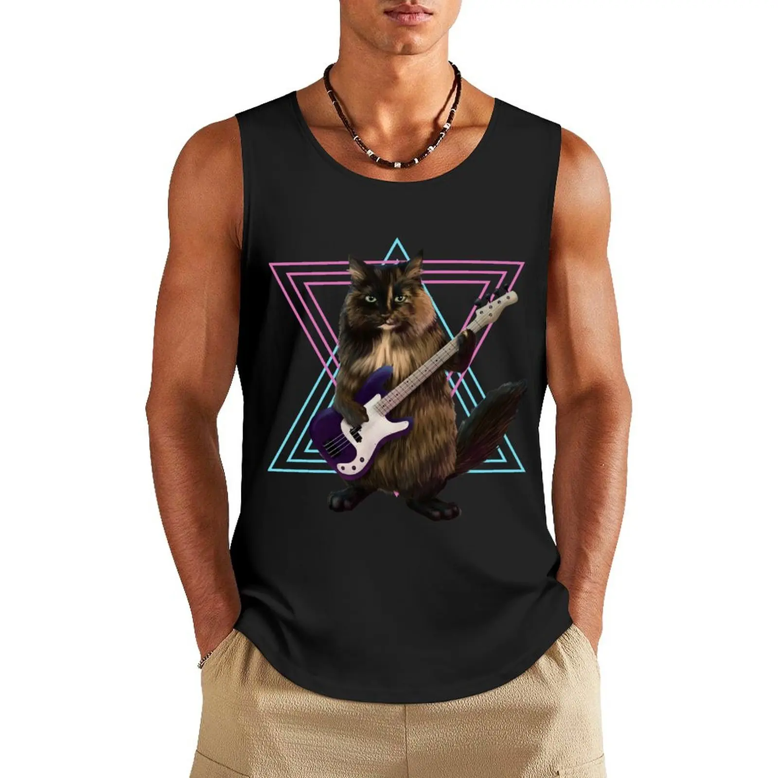 Cat playing bass guitar Tank Top sleeveless shirt man Gym man t-shirts for men