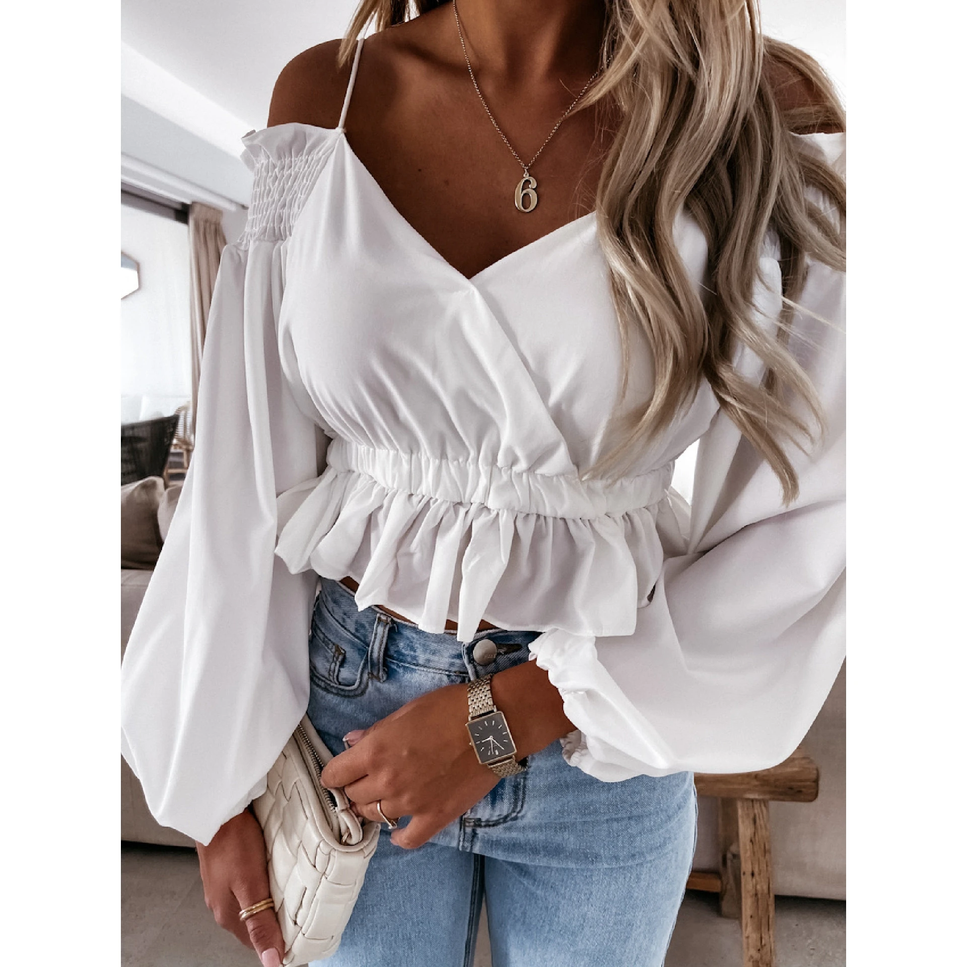 

Ele High Waist Cross oulder Bared Hemline irt Spring Summer New Arrival Women's Cotton Blend Nine-Piece Pants