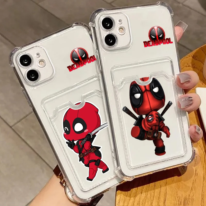 Marvel Deadpool Funny Cute For iPhone 15 14 13 12 11 XS XR X 8 7 Pro Max Plus Mini Photo Card Bag Transparent Cover Phone Case