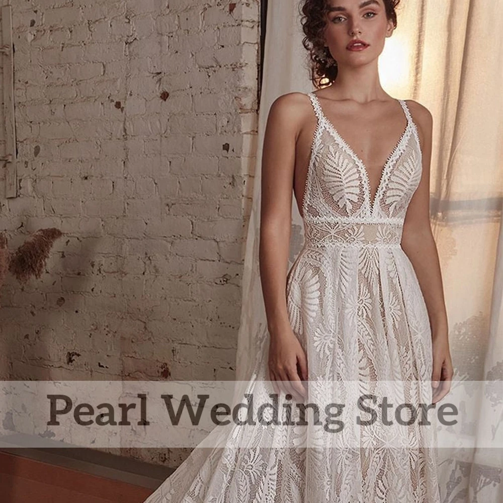 Abito da sposa senza schienale con scollo a v profondo in pizzo squisito Boho illusione Sexy con giacca a maniche lunghe da sposa romantica a-line lunghezza del pavimento