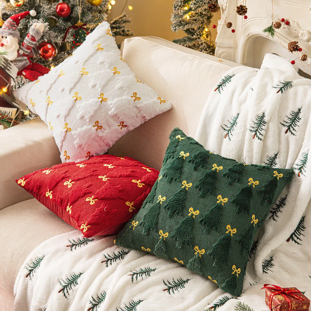 

Plush Christmas Tree Cushion Cover Golden Bow Embroidered Christmas Pillowcase New Year Festival Decorative Pillow Covers 45*45