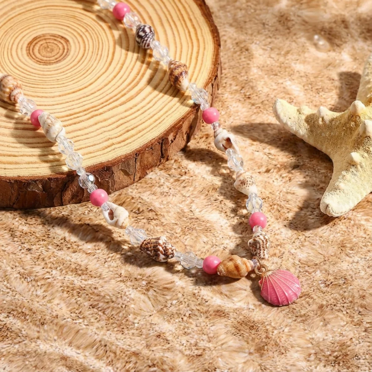 Metall-Seestern-Muschel-Anhänger-Halskette für Damen und Herren, Kristall-Reisperlen-Choker, Bohemian-Strandurlaub, Sommerparty-Schmuck – Detail 26