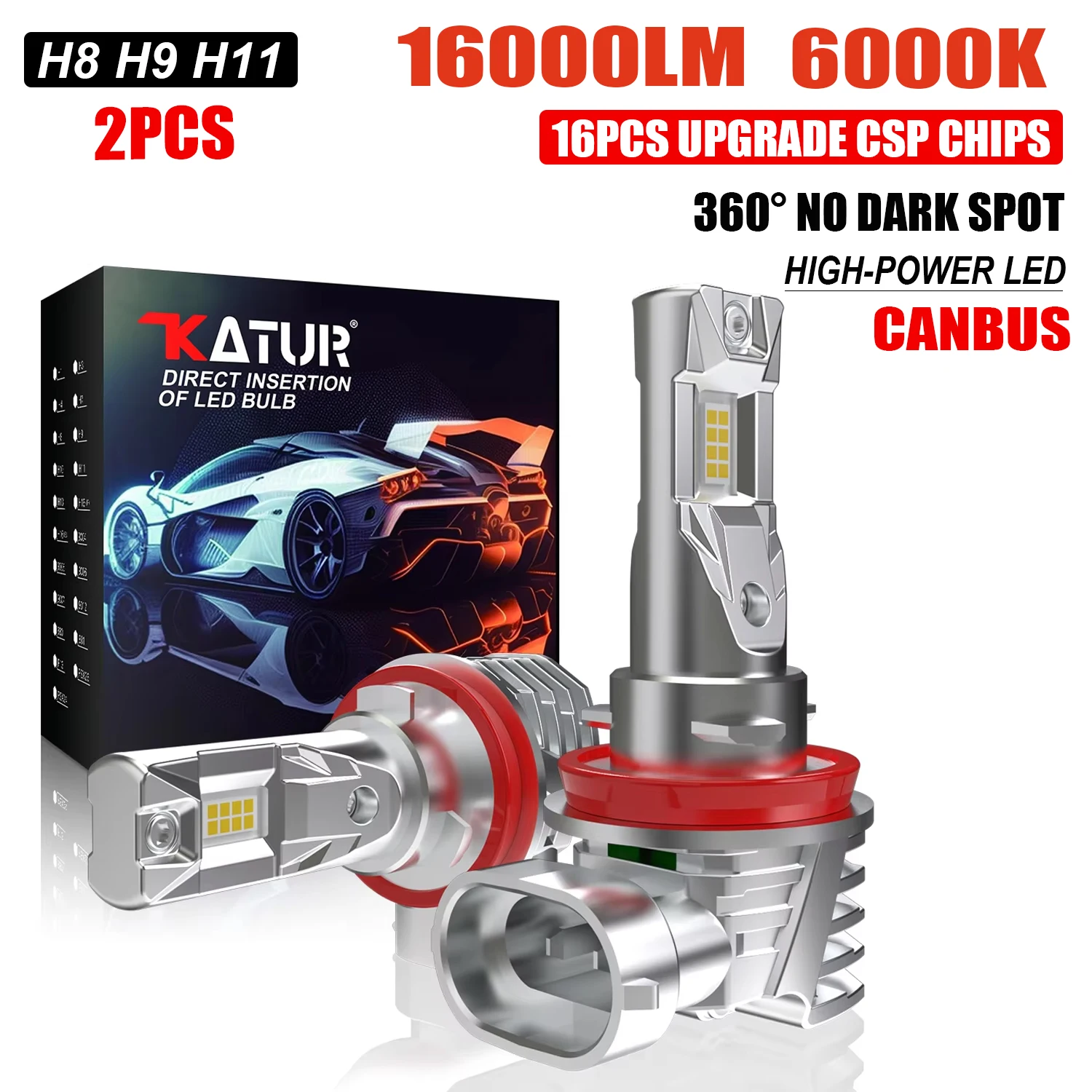Katur 2Pcs H8 H9 H11 Fanless LED Bulbs Canbus 16000lm 6000K 360° Beam Angle For Renault Megane 3 2 4 Scenic Clio Duster Master