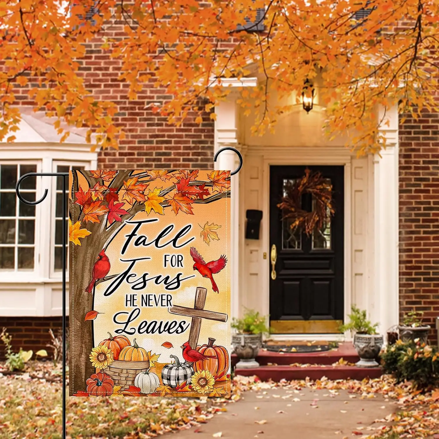 Artofy Fall for Jesus He Never Leaves Christian Small Decorative Garden Flag, Religious Autumn Maple Tree Cross Pumpkin Yard UUN