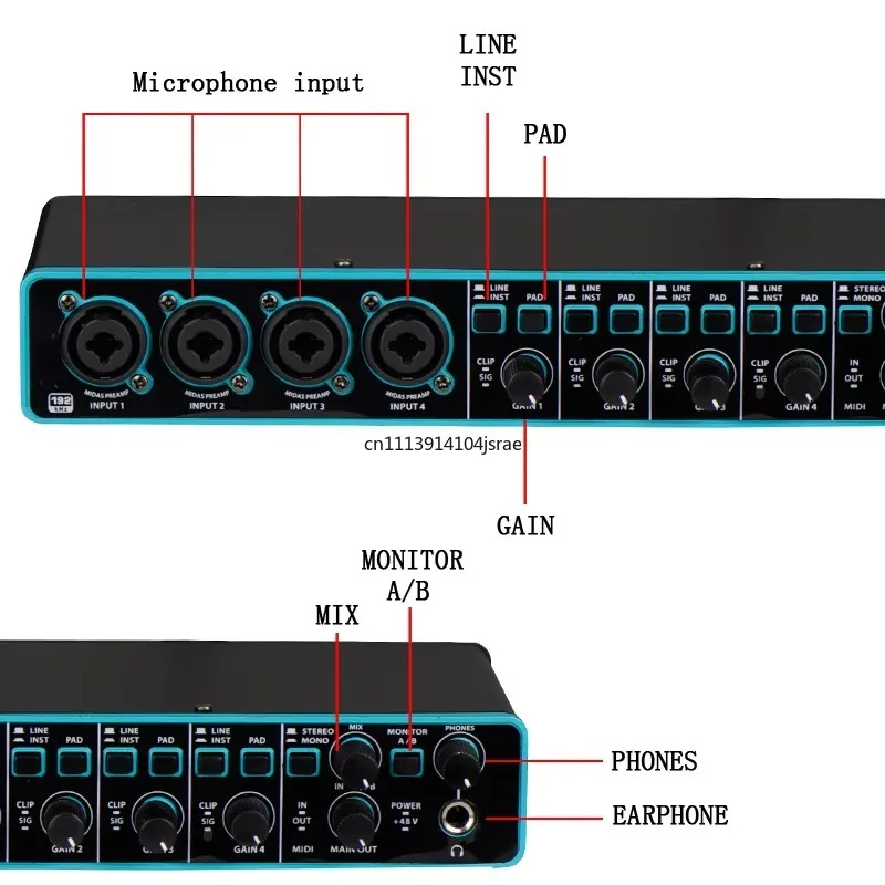 3rd‑Gen 4×4 USB Audio Interface Sound Card, 24Bit 192KHz, 48V Phantom Power Noise Reduction External Sound Adapter