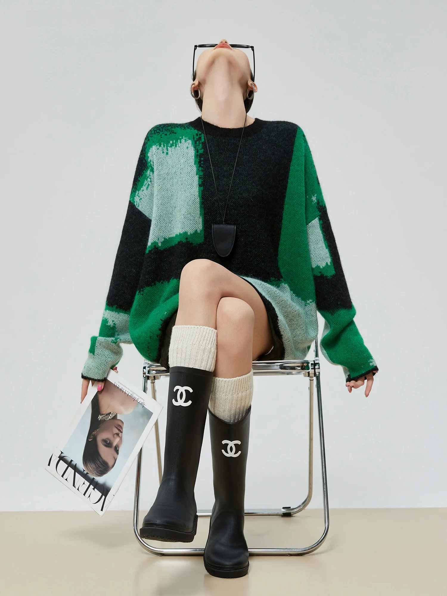 

Retro Geometric Color Blo Long Sve Knitted Sweater Women's Loose Comfortable Sle een Knitwear round Ne Pullover