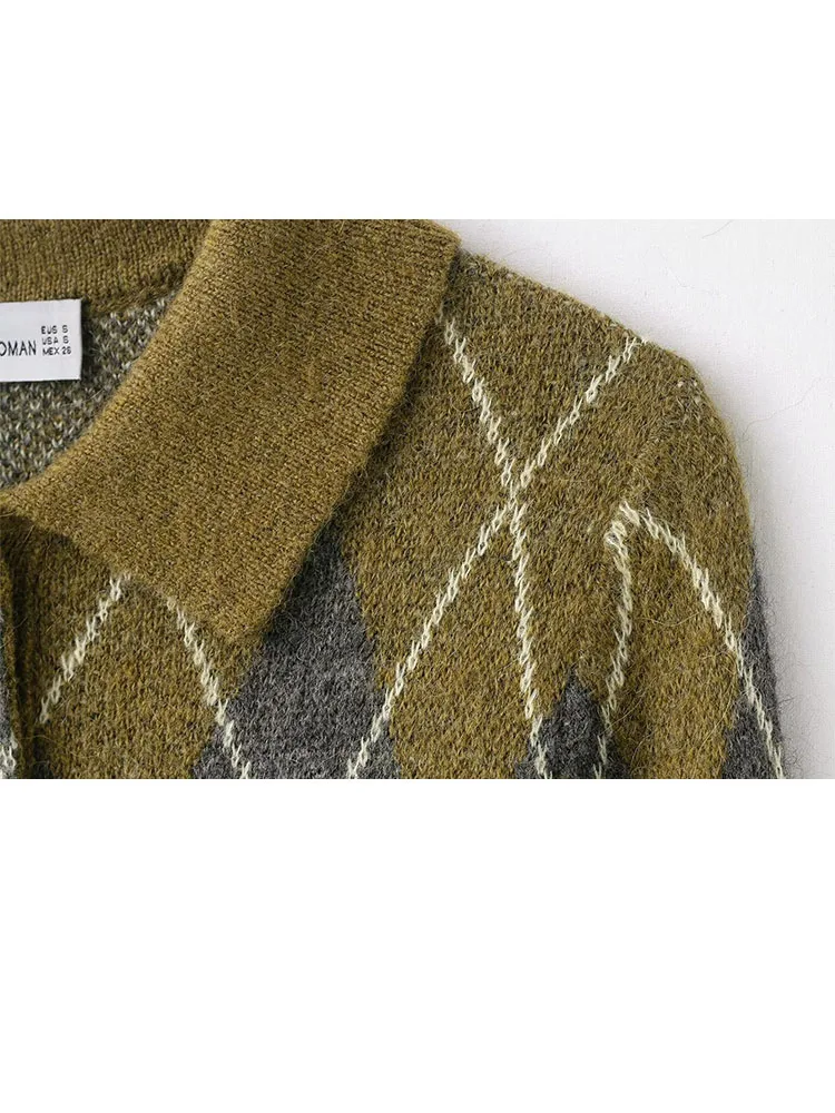 

HH женский зимний пуловер с лацканами и длинными рукавами на пуговицах, пуловер с ромбами, вязаный свитер, женские элегантные облегающие топы в уличном стиле